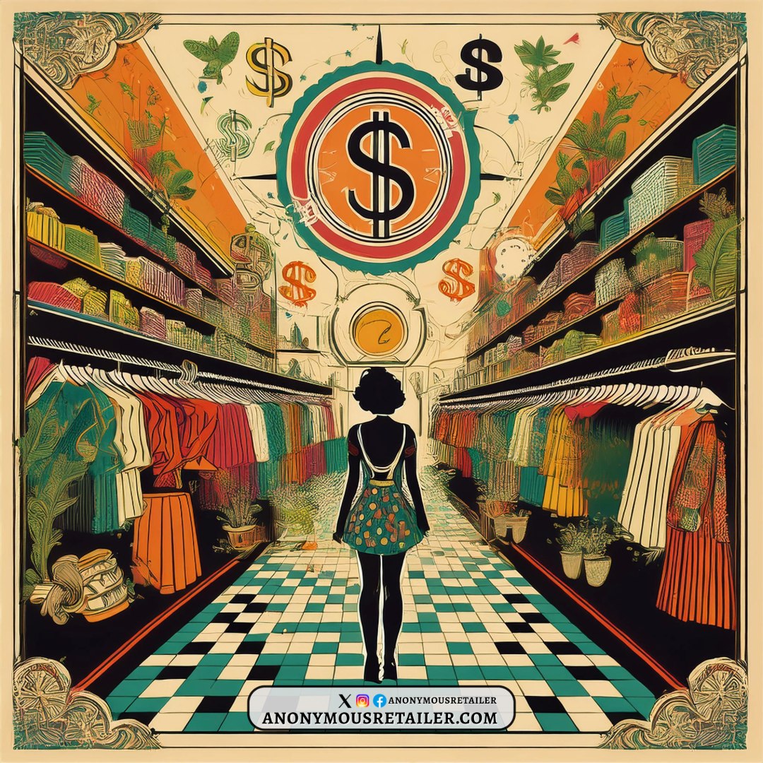 An illustration showcasing the concept of retail buying cycles, featuring seasonal products on shelves, shopping carts, and arrows symbolizing inventory transitions through spring, summer, fall, and winter. Anonymousretailer.com