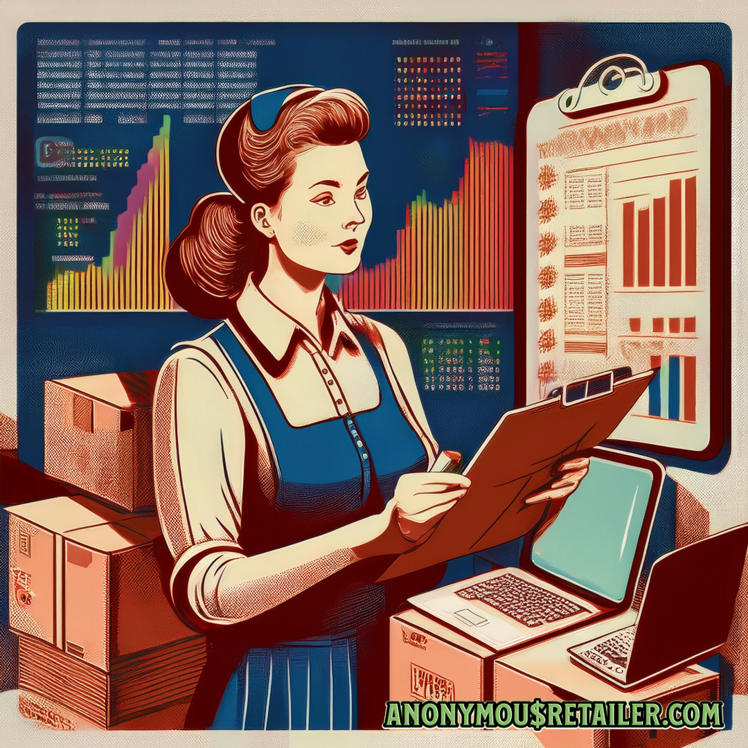 Vintage-style illustration of a specialty retail manager reviewing tariff impact charts on a clipboard and laptop, surrounded by shipping boxes, with “AnonymousRetailer.com” in the corner — Tariff news for specialty retailers April 21 through 27 2025.