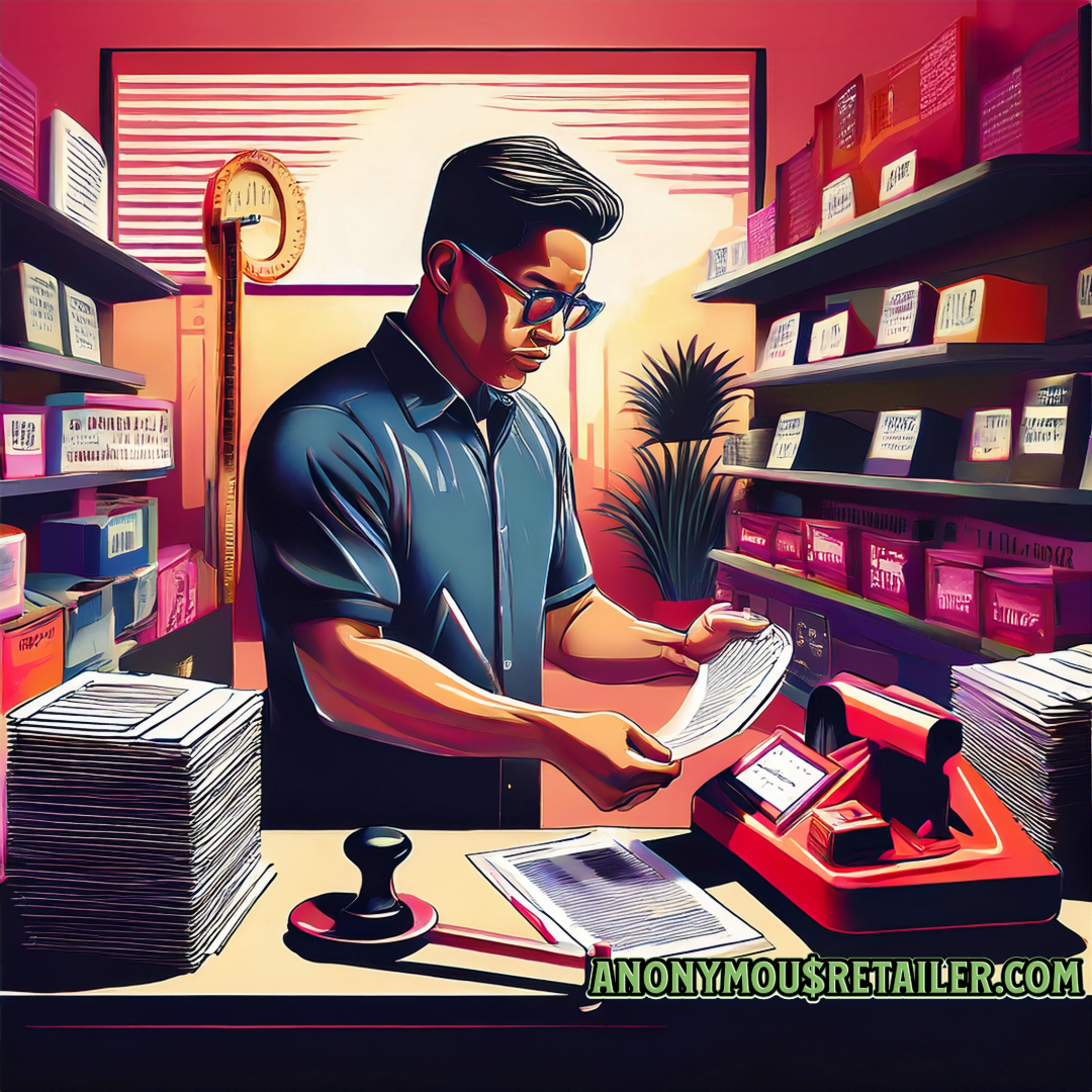 Retail store owner reviewing paperwork at a cluttered desk surrounded by inventory boxes, invoices, and a vintage pricing machine, representing the financial pressure of tariffs and margin management in specialty retail. Anonymousretailer.com