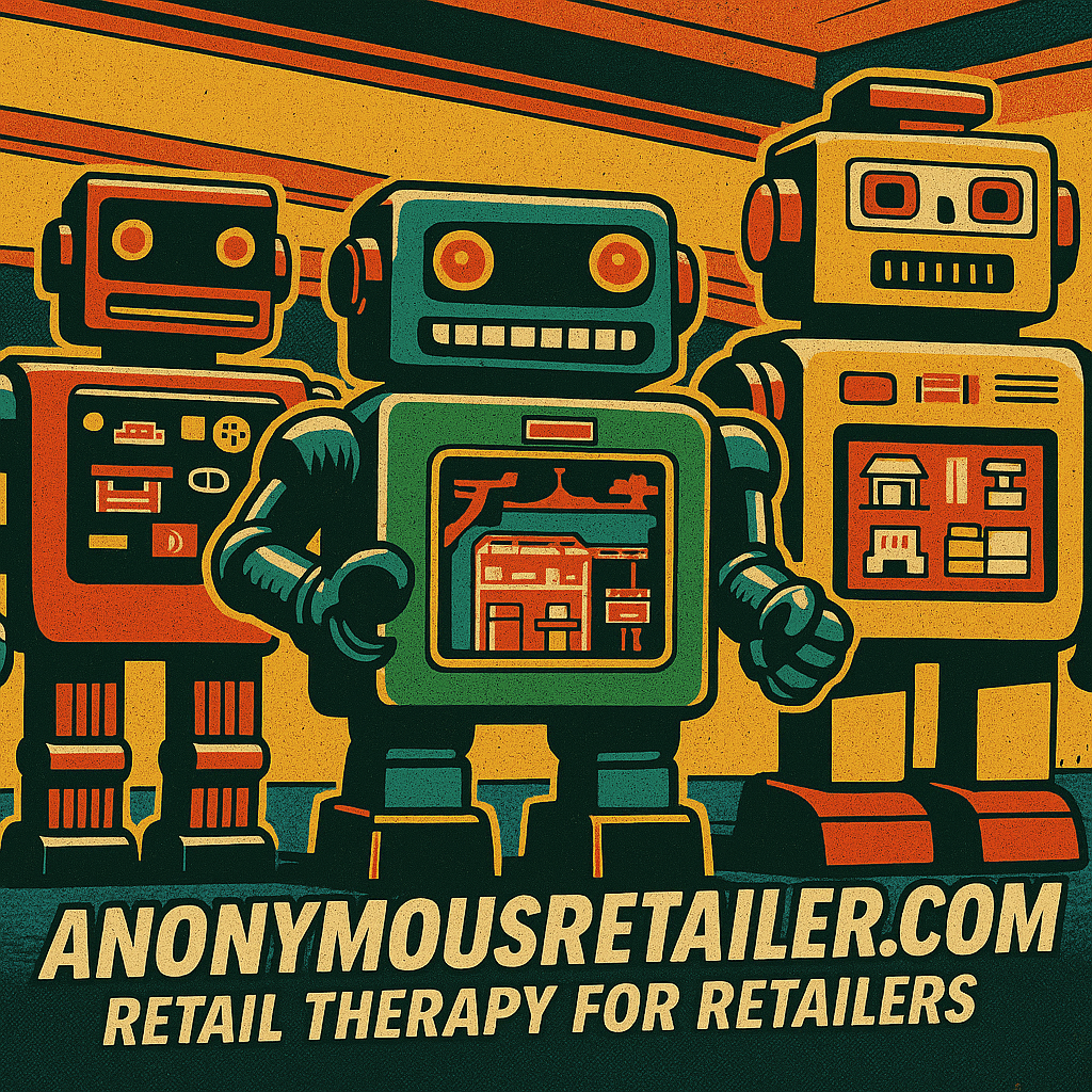 Pop art illustration of three retro robots in a comic-style retail setting with “anonymousretailer.com” and tagline “Retail Therapy for Retailers” promoting the Anonymous Retailer Newsletter.