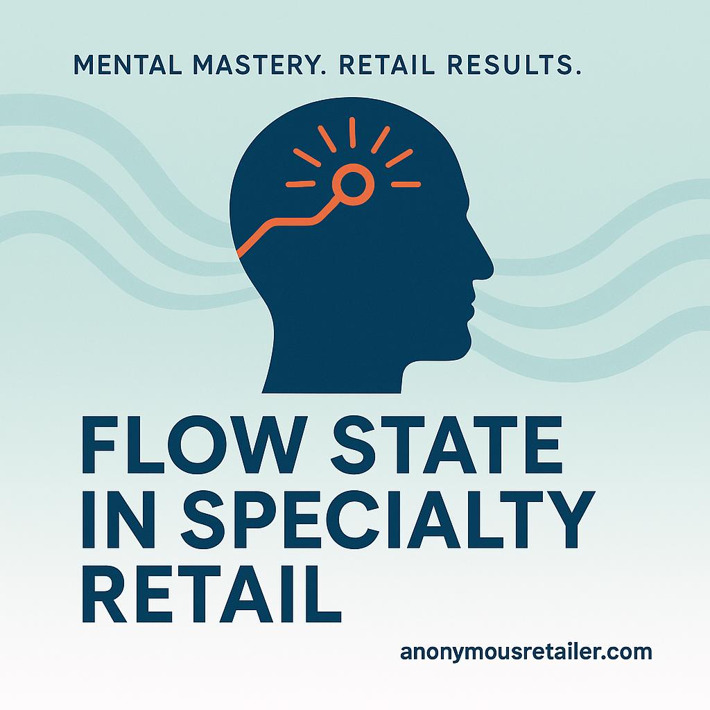 Flow state in specialty retail visual with minimalist head silhouette and brainwave icon representing mental focus and retail performance