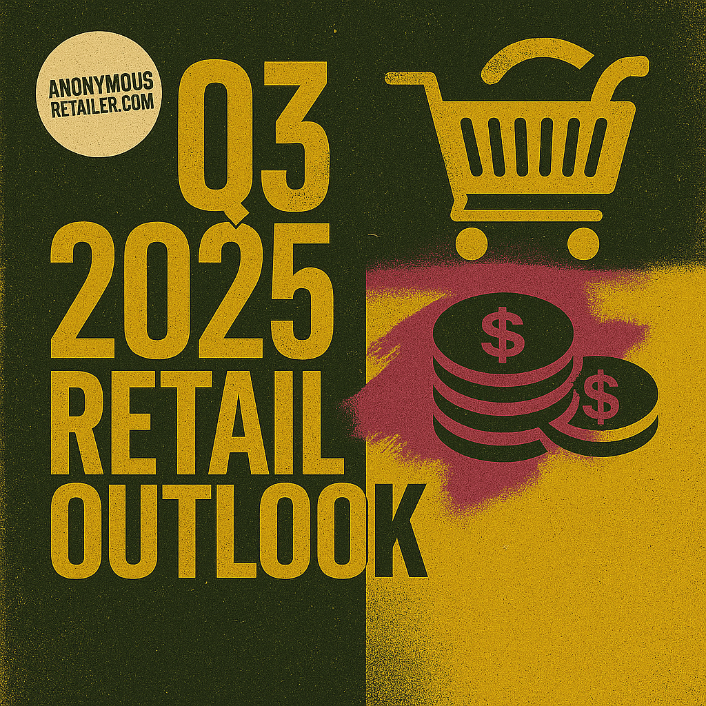 Q3 2025 retail outlook graphic featuring shopping cart, coin icons, and gritty retro design for specialty retailers