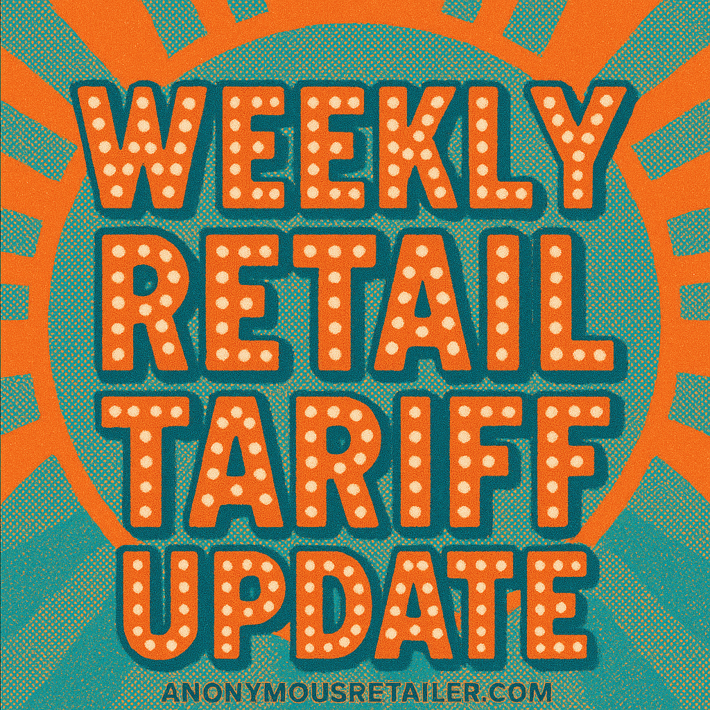 Retro screen print poster for Weekly Retail Tariff Update with bold lettering, halftone texture, and anonymousretailer.com branding