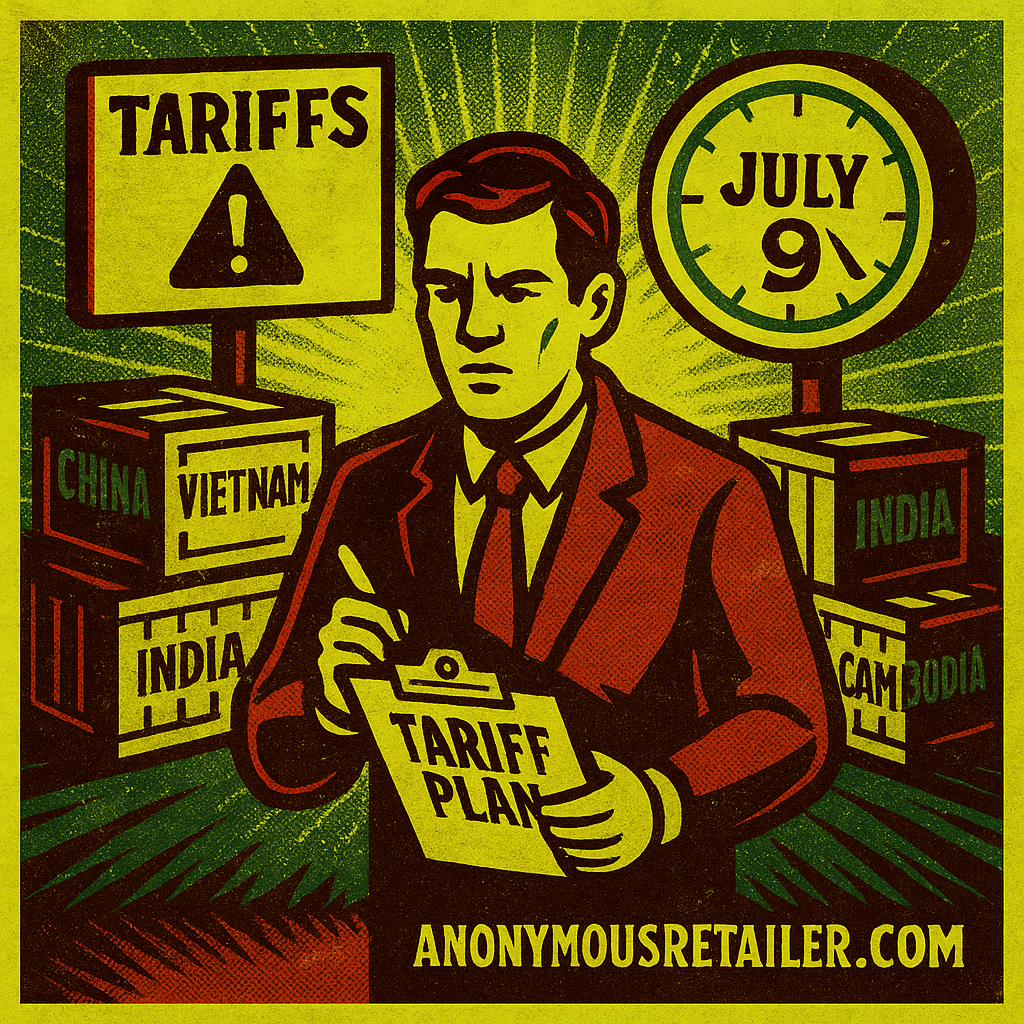 July 9 tariff deadline for specialty retail illustrated in vintage poster style with halftone textures and anonymousretailer.com branding.