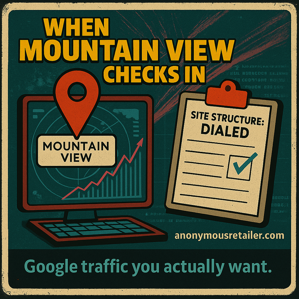 Retro hero image showing Mountain View website traffic impact on SEO visibility, with radar map, analytics graph, and checklist.