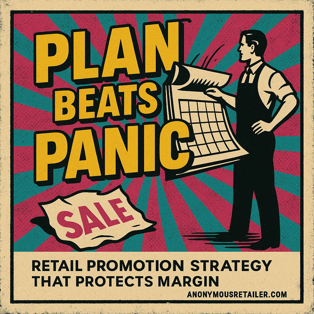 Retro pop-art hero image showing ‘Plan Beats Panic’ calendar vs. sale sign — retail promotion strategy that protects margin.
