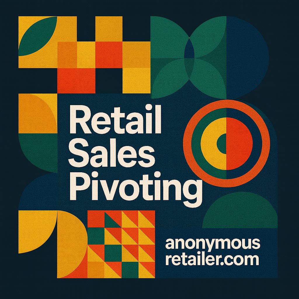 Retro-modern geometric hero image featuring bold circles, grids, and abstract shapes in mustard, teal, coral, and deep green with the centered headline “Retail Sales Pivoting” and “anonymousretailer.com” branded at the bottom right on a dark charcoal background.