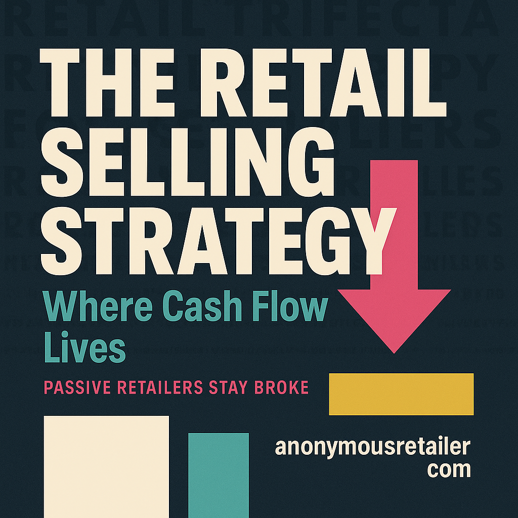 Bold minimalist hero poster for “The Retail Selling Strategy” blog, featuring AnonymousRetailer.com branding and faint repeating background text reading “Retail Trifecta” and “Retail Therapy for Retailers.”