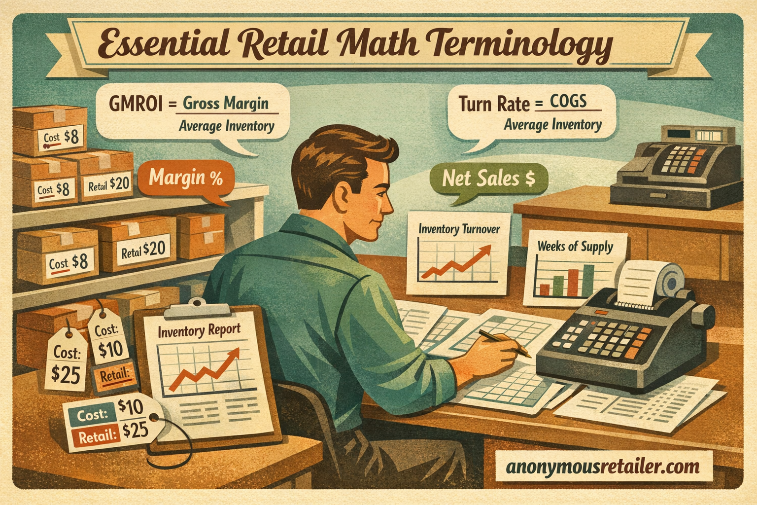 Vintage flat illustration of a specialty retail owner analyzing spreadsheets, inventory reports, and charts labeled Essential Retail Math Terminology including GMROI, margin, turn rate, and net sales. Anonymous Retailer